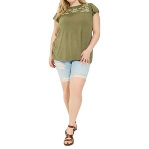 Vintage Slub Embroidered Flutter Sleeve Top